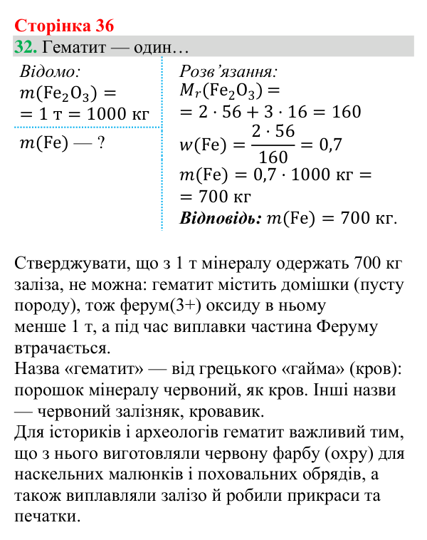 Відповідь до завдання 32 (с. 36) з хімії для 8 класу (Григорович, 2025): Масова частка хімічного елемента в речовині