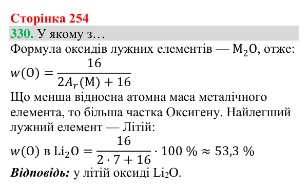 Відповідь до завдання 330 (с. 254) з хімії для 8 класу (Григорович, 2025): Родини хімічних елементів. Властивості...
