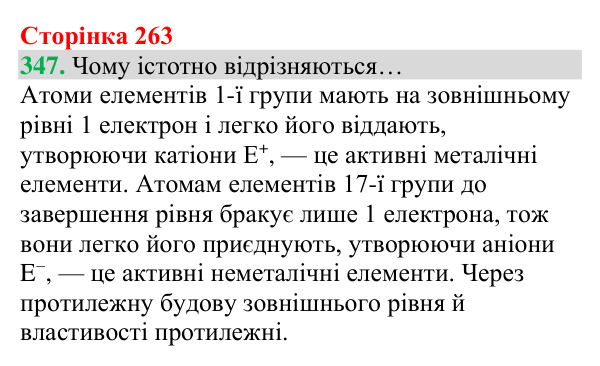 Відповідь до завдання 347 (с. 263) з хімії для 8 класу (Григорович, 2025): Будова електронних оболонок і властивості...