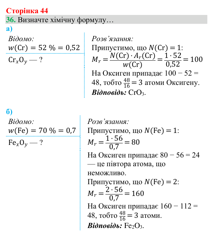 Відповідь до завдання 36 (с. 44) з хімії для 8 класу (Григорович, 2025): Установлення хімічних формул сполук