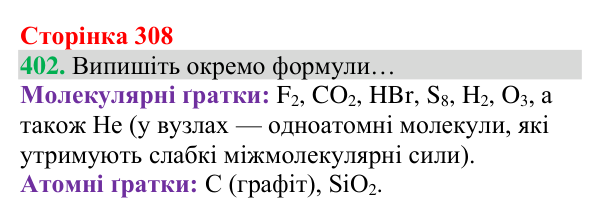 Відповідь до завдання 402 (с. 308) з хімії для 8 класу (Григорович, 2025): Речовини атомної та молекулярної будови