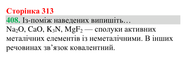 Відповідь до завдання 408 (с. 313) з хімії для 8 класу (Григорович, 2025): Йонний зв’язок. Йонні кристали