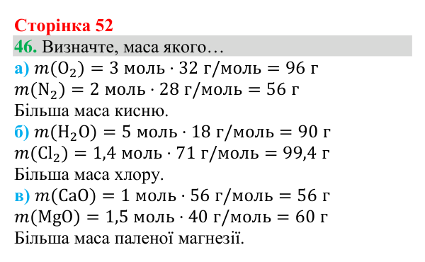 Відповідь до завдання 46 (с. 52) з хімії для 8 класу (Григорович, 2025): Кількість речовини. Молярна маса речовин