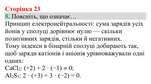 Відповідь до завдання 8 (с. 23) з хімії для 8 класу (Григорович, 2025): Формули та назви бінарних сполук