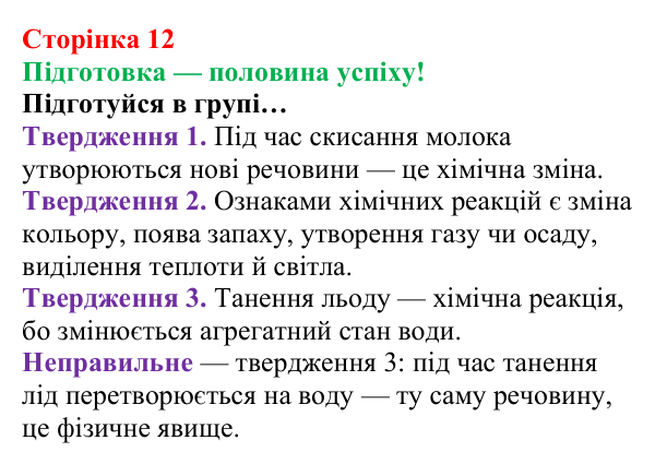 Відповідь до завдання «Підготовка» (с. 12) з хімії для 8 класу (Лашевська, 2025): 1. Розпізнаємо хімічні реакції