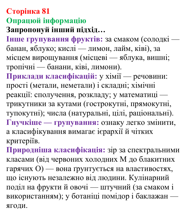 Сторінка 81, опрацюй інформацію Відповідь до завдання «Опрацюй інформацію» (с. 81) з хімії для 8 класу (Лашевська, 2025): 10. Групуємо. Класифікуємо...