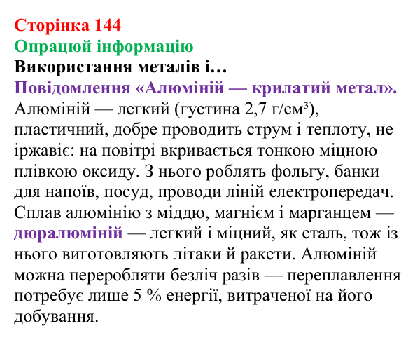 Відповідь до завдання «Опрацюй інформацію» (с. 144) з хімії для 8 класу (Лашевська, 2025): 17. Метали і сплави
