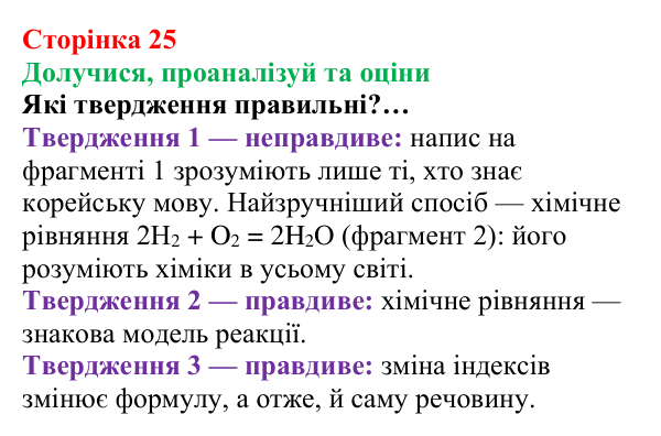Сторінка 25, твердження пані Олени Відповідь до завдання «Твердження пані Олени» (с. 25) з хімії для 8 класу (Лашевська, 2025): 3. Моделюємо хімічні реакції...