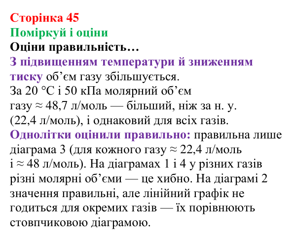 Сторінка 45, поміркуй і оціни Відповідь до завдання «Поміркуй і оціни» (с. 45) з хімії для 8 класу (Лашевська, 2025): 5. Молярний об’єм газу. Закон...