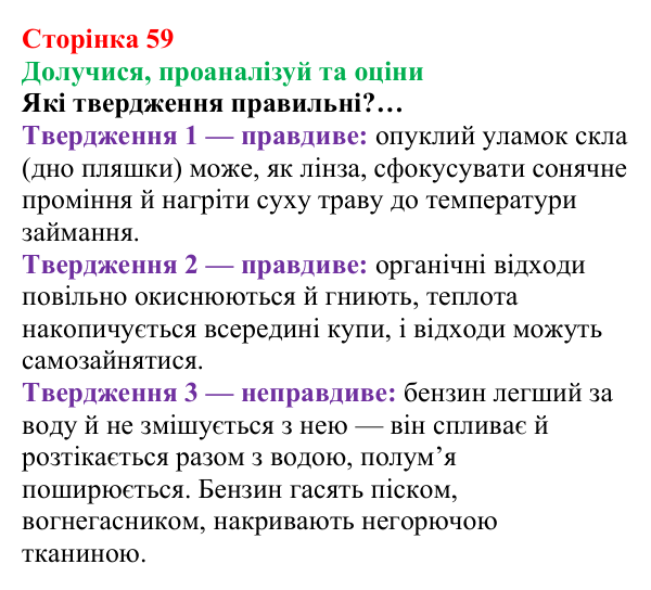 Відповідь до завдання «Твердження пані Олени» (с. 59) з хімії для 8 класу (Лашевська, 2025): 7. Умови виникнення, безпечне...