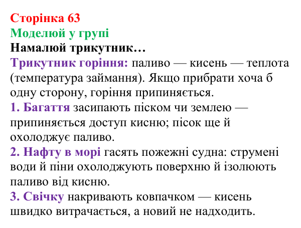 Відповідь до завдання «Моделюй у групі» (с. 63) з хімії для 8 класу (Лашевська, 2025): 7. Умови виникнення, безпечне...
