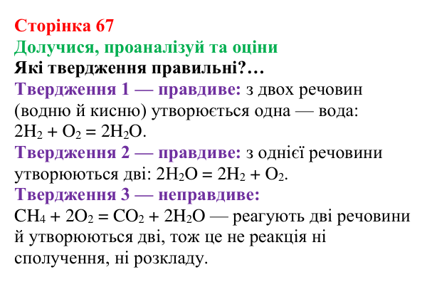 Відповідь до завдання «Твердження пані Олени» (с. 67) з хімії для 8 класу (Лашевська, 2025): 8. Реакції сполучення...