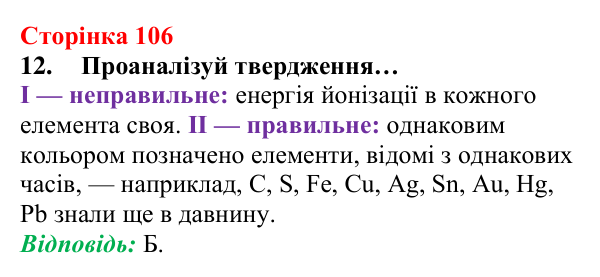 Відповідь до завдання 12 (с. 106) з хімії для 8 класу (Лашевська, 2025): 12. Таємниці періодичної таблиці