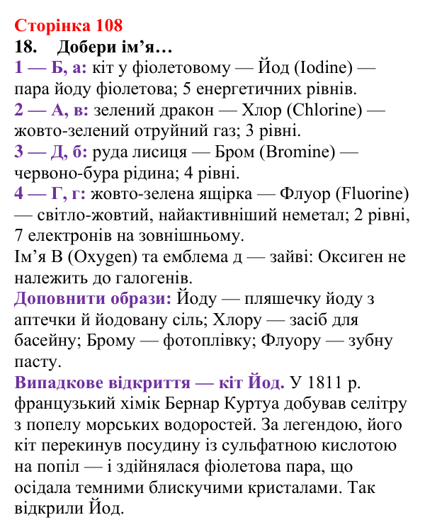 Сторінка 108, завдання 18 Відповідь до завдання 18 (с. 108) з хімії для 8 класу (Лашевська, 2025): 12. Таємниці періодичної таблиці