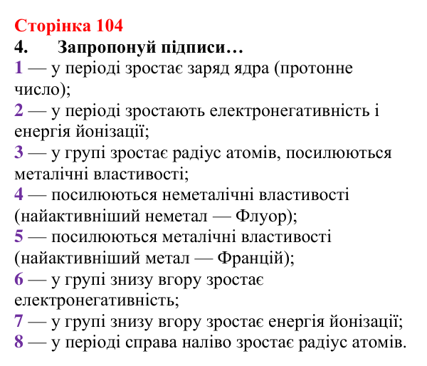 Відповідь до завдання 4 (с. 104) з хімії для 8 класу (Лашевська, 2025): 12. Таємниці періодичної таблиці