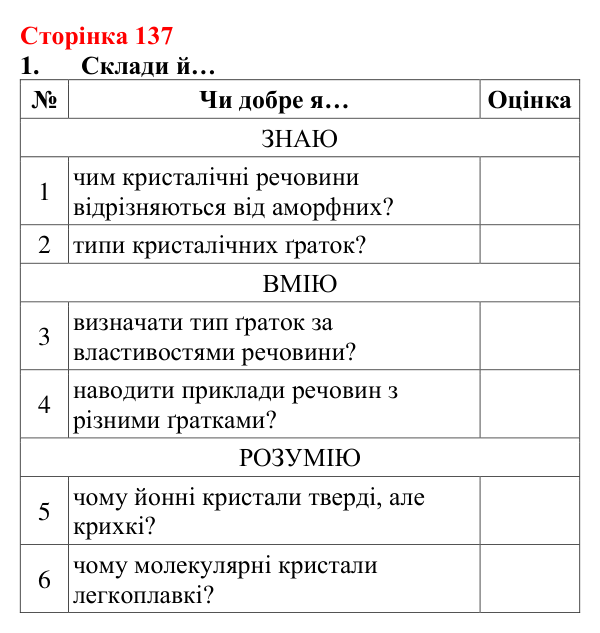 Сторінка 137, завдання 1 Відповідь до завдання 1 (с. 137) з хімії для 8 класу (Лашевська, 2025): 16. Магія кристалів