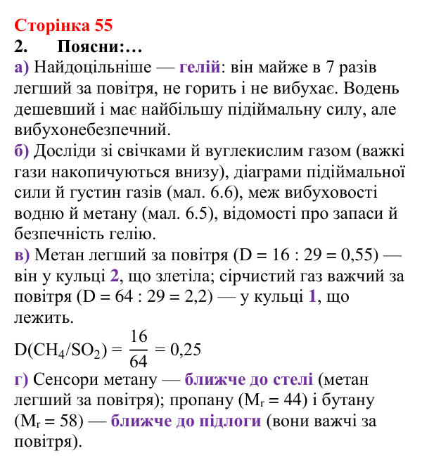 Відповідь до завдання 2 (с. 55) з хімії для 8 класу (Лашевська, 2025): 6. Відносна густина газів