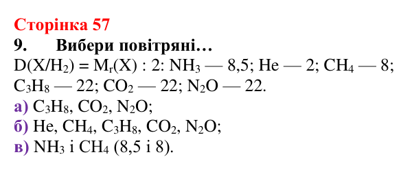 Сторінка 57, завдання 9 Відповідь до завдання 9 (с. 57) з хімії для 8 класу (Лашевська, 2025): 6. Відносна густина газів