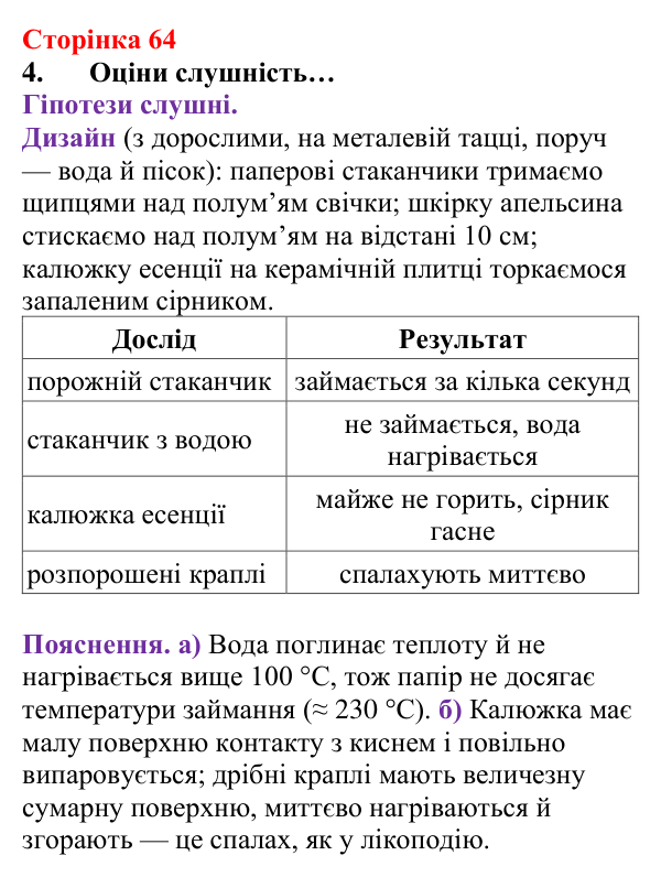 Сторінка 64, завдання 4 Відповідь до завдання 4 (с. 64) з хімії для 8 класу (Лашевська, 2025): 7. Умови виникнення, безпечне використання горіння...