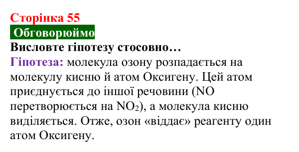 Відповідь до завдання «Обговорюймо» (с. 55) з хімії для 8 класу (Попель, 2025): Озон