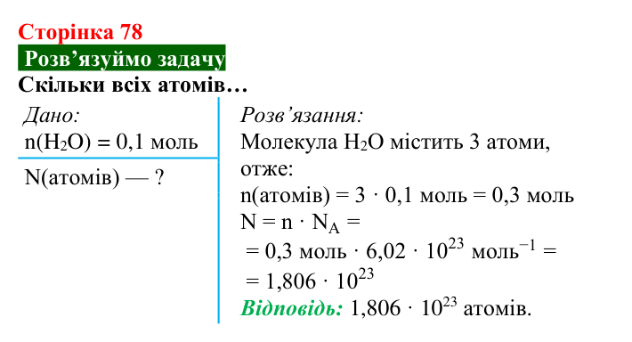 Відповідь до задачі (с. 78) з хімії для 8 класу (Попель, 2025): Кількість речовини