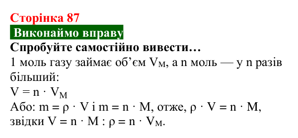 Відповідь до вправи (с. 87) з хімії для 8 класу (Попель, 2025): Молярний об’єм. Закон Авогадро