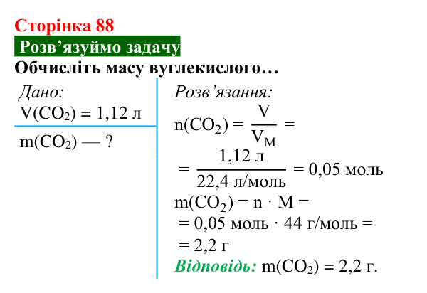 Відповідь до задачі (с. 88) з хімії для 8 класу (Попель, 2025): Молярний об’єм. Закон Авогадро