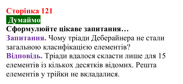 Відповідь до завдання «Думаймо» (с. 121) з хімії для 8 класу (Попель, 2025): Перші спроби класифікації хімічних елементів