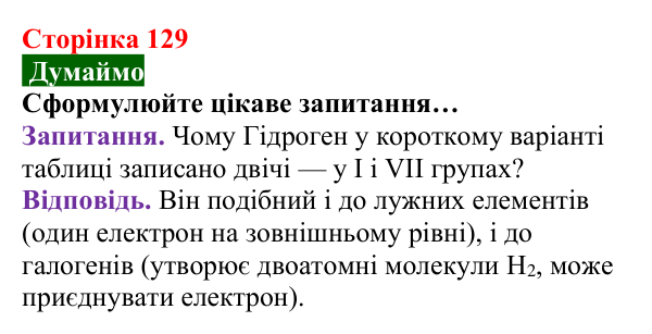 Відповідь до завдання «Думаймо» (с. 129) з хімії для 8 класу (Попель, 2025): Періодична таблиця хімічних елементів