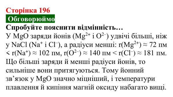 Відповідь до завдання «Обговорюймо» (с. 196) з хімії для 8 класу (Попель, 2025): Йонні речовини