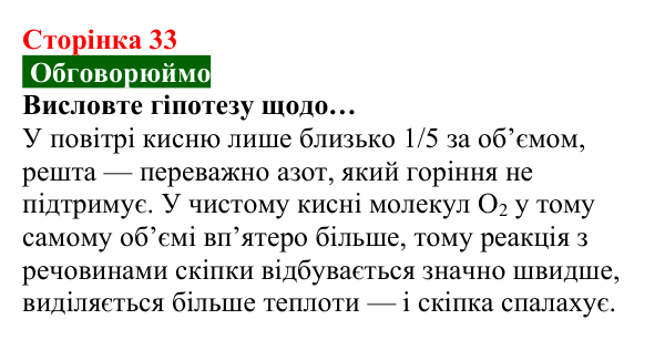 Відповідь до завдання «Обговорюймо» (с. 33) з хімії для 8 класу (Попель, 2025): Одержання кисню