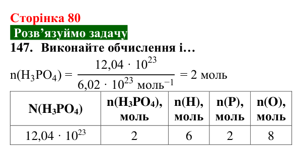 Відповідь до завдання 147 (с. 80) з хімії для 8 класу (Попель, 2025): Кількість речовини