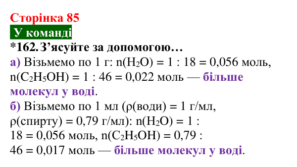 Відповідь до завдання 162 (с. 85) з хімії для 8 класу (Попель, 2025): Молярна маса