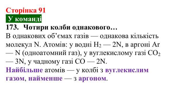 Відповідь до завдання 173 (с. 91) з хімії для 8 класу (Попель, 2025): Молярний об’єм. Закон Авогадро