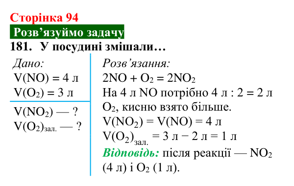 Відповідь до завдання 181 (с. 94) з хімії для 8 класу (Попель, 2025): Відношення об’ємів газів у хімічних реакціях