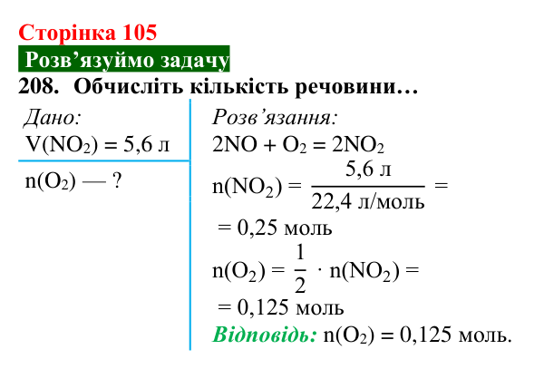 Відповідь до завдання 208 (с. 105) з хімії для 8 класу (Попель, 2025): Обчислення за хімічними рівняннями
