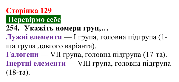 Відповідь до завдання 254 (с. 129) з хімії для 8 класу (Попель, 2025): Періодична таблиця хімічних елементів