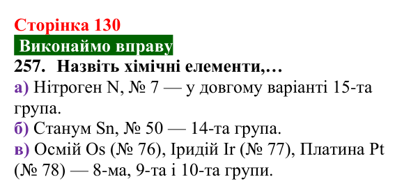 Відповідь до завдання 257 (с. 130) з хімії для 8 класу (Попель, 2025): Періодична таблиця хімічних елементів