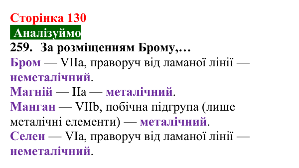 Відповідь до завдання 259 (с. 130) з хімії для 8 класу (Попель, 2025): Періодична таблиця хімічних елементів
