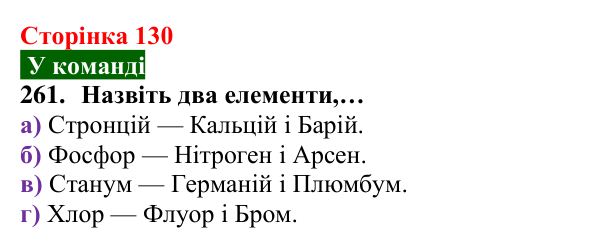 Відповідь до завдання 261 (с. 130) з хімії для 8 класу (Попель, 2025): Періодична таблиця хімічних елементів