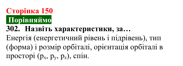 Відповідь до завдання 302 (с. 150) з хімії для 8 класу (Попель, 2025): Електрон. Атомні орбіталі. Енергія електронів в атомі