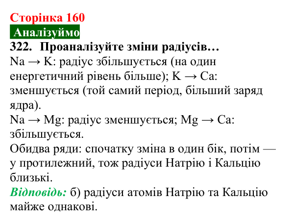 Відповідь до завдання 322 (с. 160) з хімії для 8 класу (Попель, 2025): Радіуси атомів