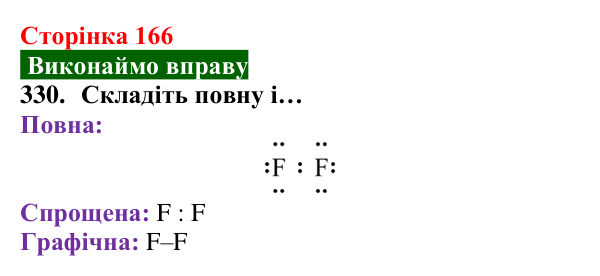 Відповідь до завдання 330 (с. 166) з хімії для 8 класу (Попель, 2025): Будова молекул простих речовин. Ковалентний зв’язок