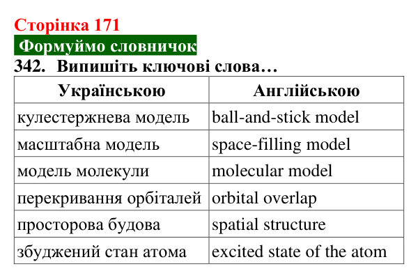 Відповідь до завдання 342 (с. 171) з хімії для 8 класу (Попель, 2025): Будова молекул складних речовин