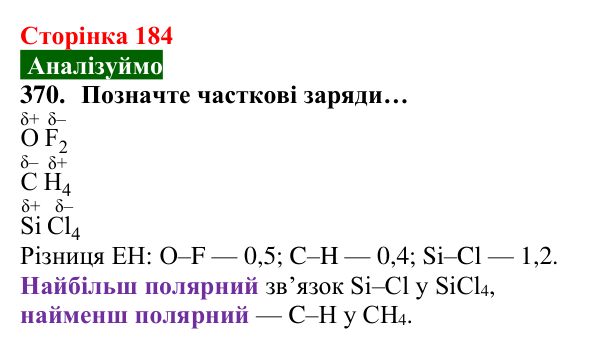 Відповідь до завдання 370 (с. 184) з хімії для 8 класу (Попель, 2025): Електронегативність хімічних елементів. Полярний...