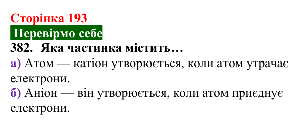 Відповідь до завдання 382 (с. 193) з хімії для 8 класу (Попель, 2025): Йони — найменші частинки багатьох речовин