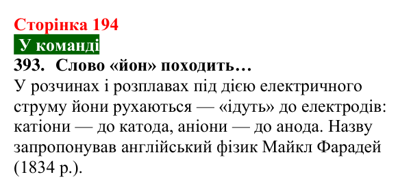 Відповідь до завдання 393 (с. 194) з хімії для 8 класу (Попель, 2025): Йони — найменші частинки багатьох речовин