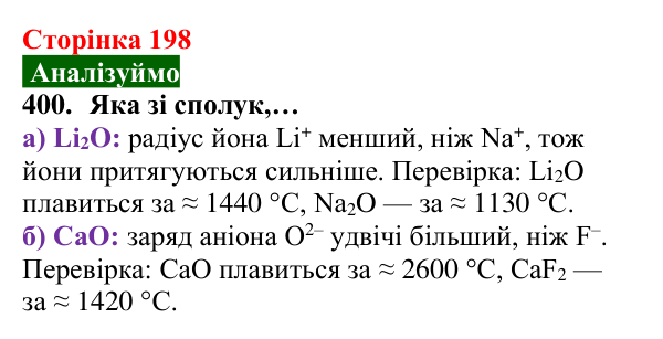 Відповідь до завдання 400 (с. 198) з хімії для 8 класу (Попель, 2025): Йонні речовини