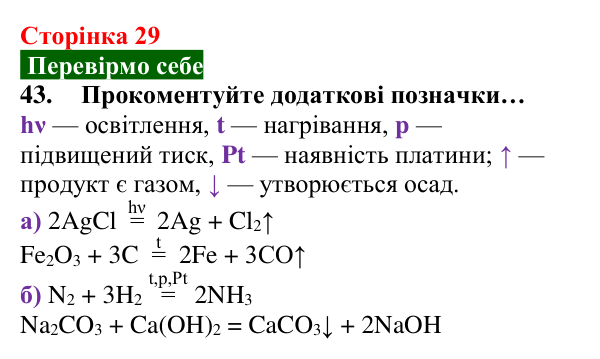 Відповідь до завдання 43 (с. 29) з хімії для 8 класу (Попель, 2025): Схема хімічної реакції. Хімічне рівняння