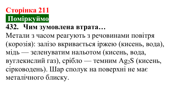 Відповідь до завдання 432 (с. 211) з хімії для 8 класу (Попель, 2025): Фізичні властивості металів